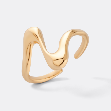 GOLD PVD COATED SURGICAL STEEL RING OPEN ABSTRACT WAVE SCULPTURAL BAND