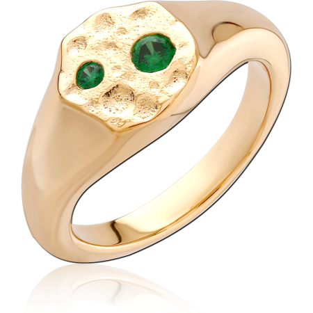 GOLD PLATED 18K STERLING SILVER 925 SIGNET RING TEXTURED TOP TWO GREEN GEMS