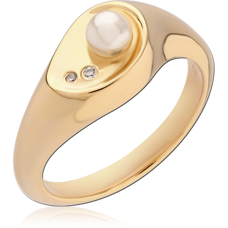 GOLD PLATED 18K STERLING SILVER 925 SIGNET RING PEARL AND CLEAR GEMS