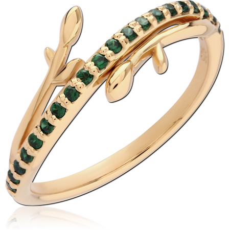 GOLD PLATED 18K STERLING SILVER 925 RING LEAF VINE PAVE GREEN GEMS