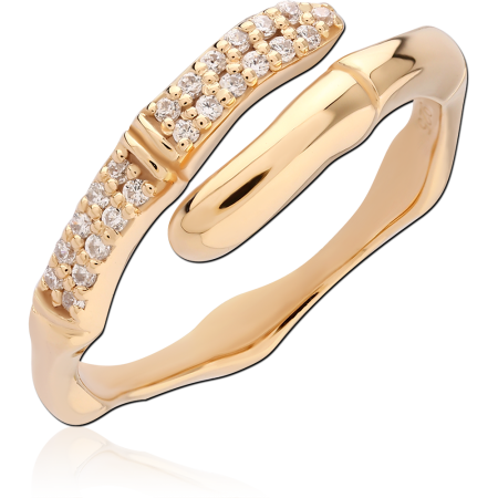 GOLD PLATED 18K STERLING SILVER 925 RING OPEN BYPASS PAVE BAR