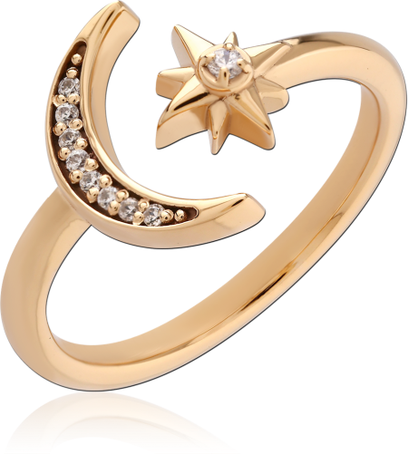 GOLD PLATED 18K STERLING SILVER 925 RING JEWELED CRESCENT MOON AND STAR