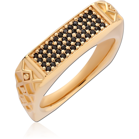 GOLD PLATED 18K STERLING SILVER 925 RING RECTANGULAR SIGNET BLACK PAVE GEMS GEOMETRIC SIDES