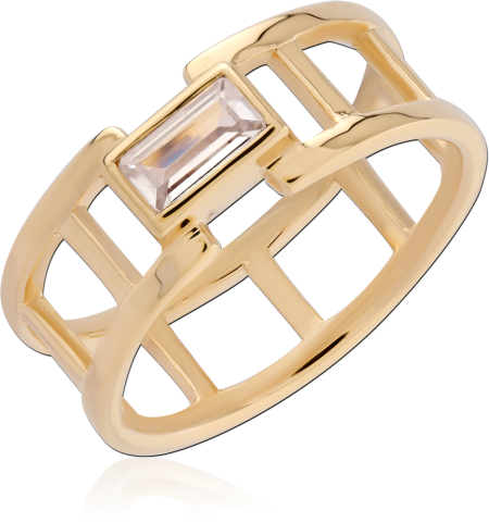 GOLD PLATED 18K STERLING SILVER 925 RING BAGUETTE CLEAR GEM OPEN CAGE BAND