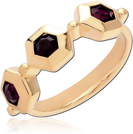 GOLD PLATED 18K STERLING SILVER 925 RING TRIPLE HEXAGON DARK PURPLE GEMS STATION BAND