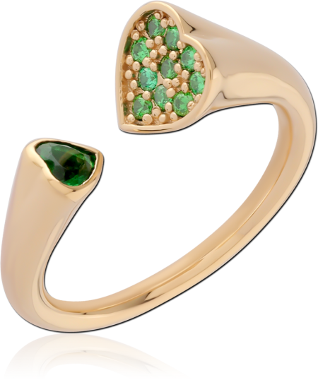 GOLD PLATED 18K STERLING SILVER 925 RING OPEN HEART GREEN GEMS