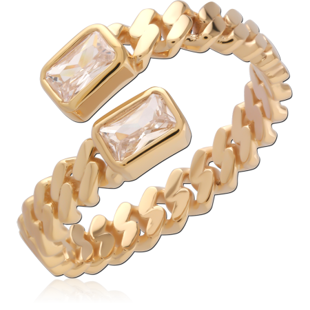 18K GOLD PLATED STERLING SILVER 925 RING CUBAN LINK OPEN DOUBLE BAGUETTE GEM