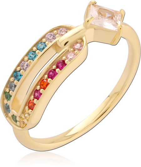 18K GOLD PLATED STERLING SILVER 925 RING RAINBOW PAVE AND SQUARE GEM