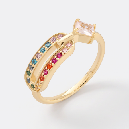 18K GOLD PLATED STERLING SILVER 925 RING DOUBLE SQUARE GEMS WITH RAINBOW PAVE