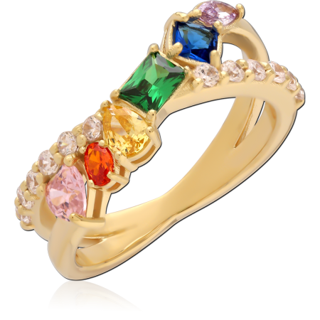 18K GOLD PLATED STERLING SILVER 925 RING MULTICOLOR MIXED SHAPES GEM CLUSTER