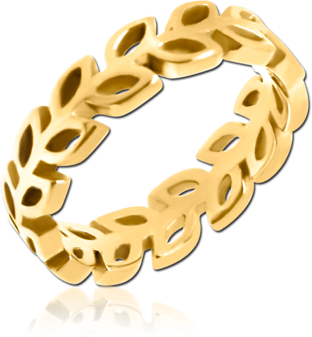 GOLD PVD COATED SURGICAL STEEL RING - LEAVES ALL AROUND