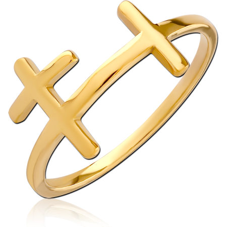 GOLD PVD COATED SURGICAL STEEL RING DOUBLE CROSS OPEN BAND