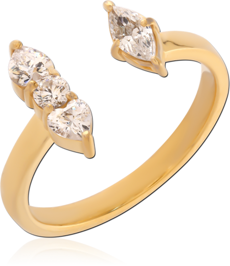 316L GOLD PVD COATED SURGICAL STEEL RING OPEN BYPASS WITH THREE CLEAR GEMS MARQUISE ENDS