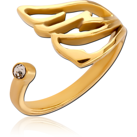 GOLD PVD COATED SURGICAL STEEL RING OPEN WING DESIGN CRYSTAL ACCENT