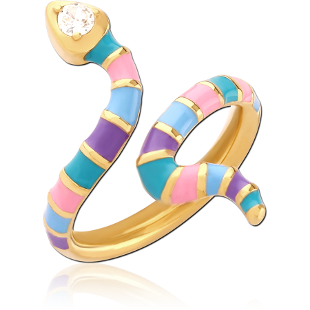 GOLD PVD COATED SURGICAL STEEL RING ENAMEL SNAKE WRAP WITH CRYSTAL