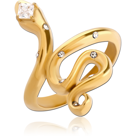 GOLD PVD COATED SURGICAL STEEL RING SNAKE WRAP WITH CRYSTAL ACCENTS