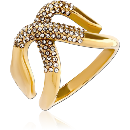 GOLD PVD COATED SURGICAL STEEL RING STARFISH DESIGN WITH CRYSTALS