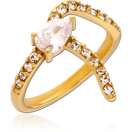 GOLD PVD COATED SURGICAL STEEL RING PEAR CUT CRYSTAL WITH SIDE ACCENTS