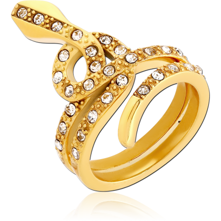 GOLD PVD COATED SURGICAL STEEL RING COILED SNAKE PAVE CLEAR GEMS