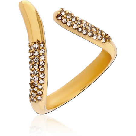 GOLD PVD COATED SURGICAL STEEL RING OPEN V BAR PAVE GEMS