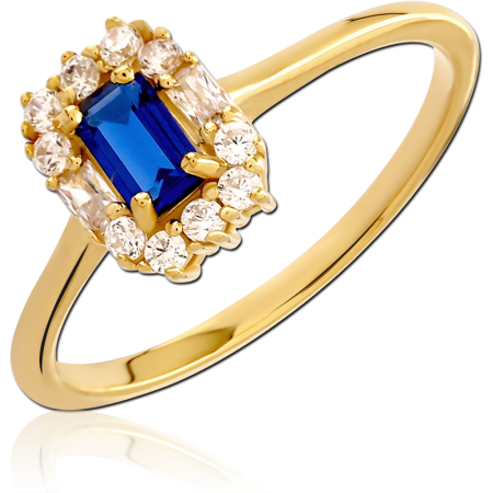 GOLD PLATED STERLING SILVER 925 RING BLUE EMERALD-CUT GEM WITH CLEAR HALO