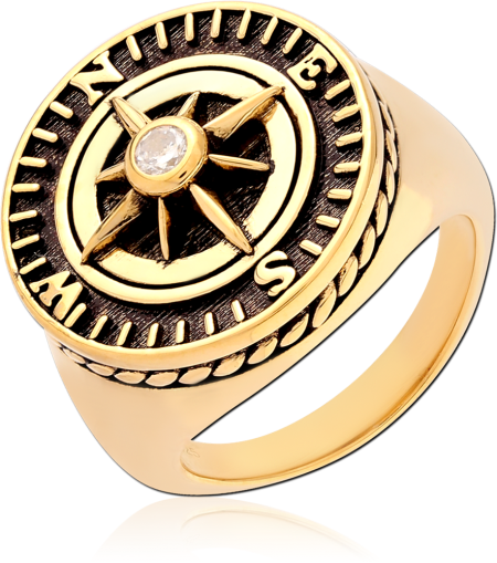 GOLD PLATED 18K STERLING SILVER 925 COMPASS SIGNET RING CENTER GEM BLACK ACCENTS