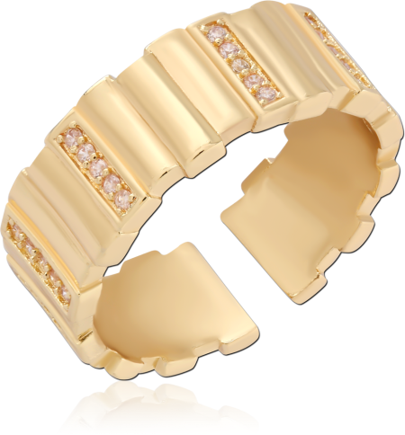 GOLD PLATED STERLING SILVER 925 ADJUSTABLE RING RIDGED BAND WITH GEMS