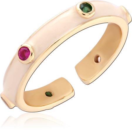 GOLD PLATED STERLING SILVER 925 ADJUSTABLE RING WHITE ENAMEL WITH GEMS