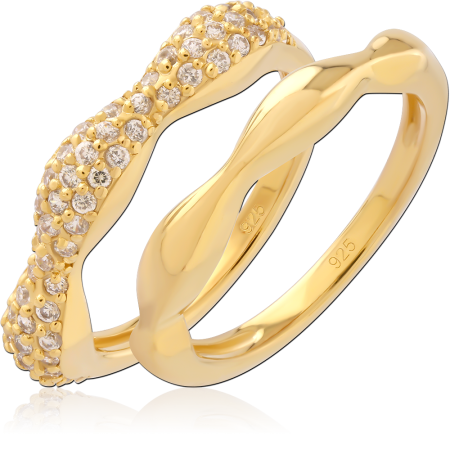 GOLD PLATED STERLING SILVER 925 RING SET WAVY BAND PAVE GEMS