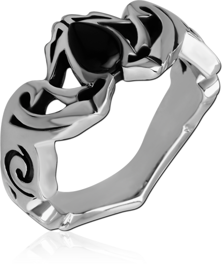 BLACK ONYX TEARDROP RING SCULPTED OPENWORK BAND WITH SWIRL ACCENTS