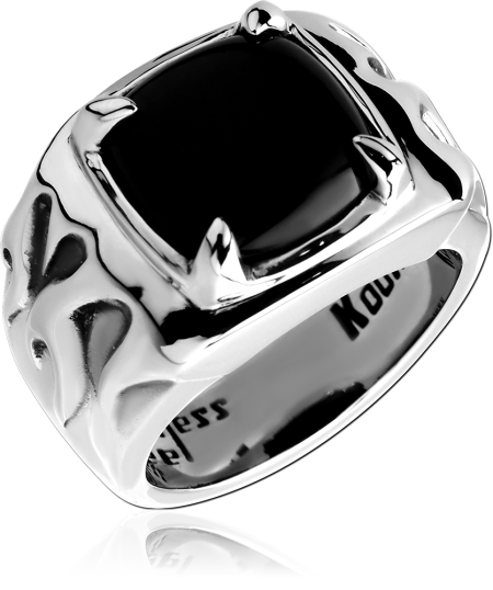 BLACK ONYX CUSHION SIGNET RING WITH FLAME SHOULDERS PRONG SETTING