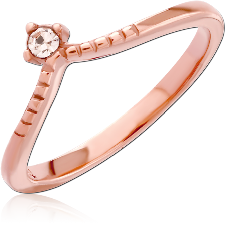ROSE GOLD PVD COATED SURGICAL STEEL RING CONTOURED V-SHAPE SINGLE CLEAR GEM