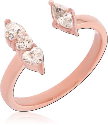 316L ROSE GOLD PVD COATED SURGICAL STEEL RING OPEN BYPASS WITH THREE CLEAR GEMS MARQUISE ENDS
