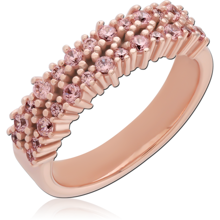 ROSE GOLD PVD COATED SURGICAL STEEL RING TRIPLE ROW TEXTURED PINK GEMS
