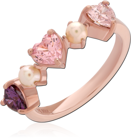 ROSE GOLD PVD COATED SURGICAL STEEL RING HEARTS AND PEARLS MIXED GEMS