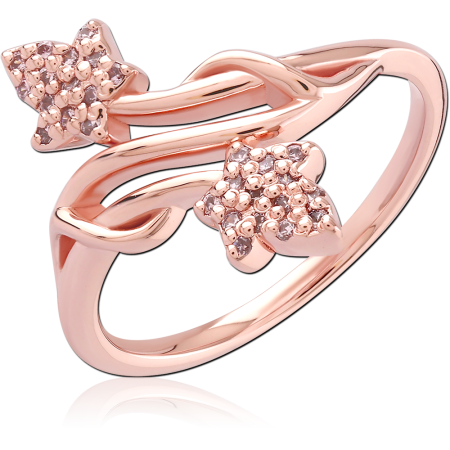 ROSE GOLD PLATED STERLING SILVER 925 RING DOUBLE LEAF PAVE BYPASS DESIGN