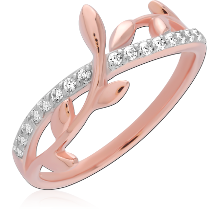 ROSE GOLD PLATED STERLING SILVER 925 RING LEAF VINE WITH PAVE BAND