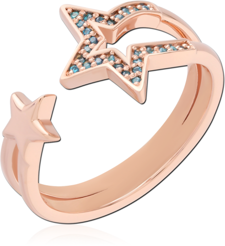 ROSE GOLD PLATED STERLING SILVER 925 RING OPEN DOUBLE STAR BLUE GEMS