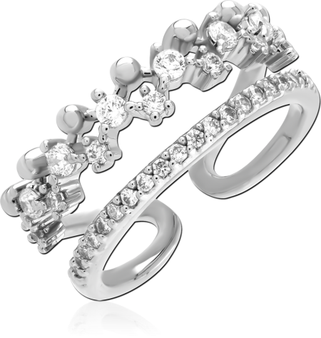 STERLING SILVER 925 DOUBLE FINGER RING LAYERED CROWN AND PAVE CLEAR GEMS