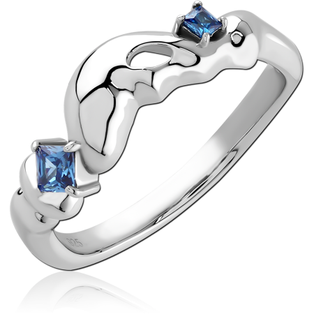 RHODIUM PLATED STERLING SILVER 925 RING BYPASS DESIGN WITH BLUE SQUARE GEMS