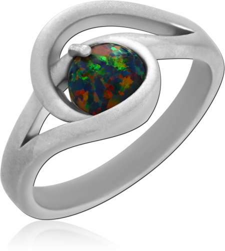 STERLING SILVER 925 RING OPEN TEARDROP WITH IRIDESCENT CABOCHON STONE
