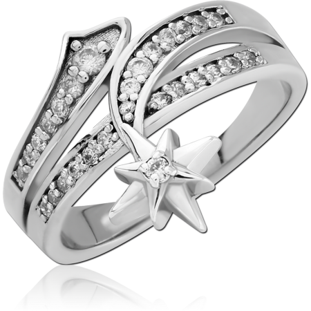 STERLING SILVER 925 RING SHOOTING STAR WITH PAVE GEMS DOUBLE BAND