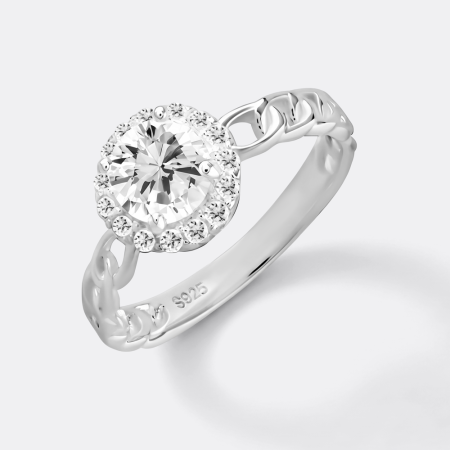 STERLING SILVER RING ROUND HALO GEM WITH CUTOUT BAND