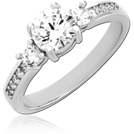 STERLING SILVER 925 RING THREE STONE ROUND CENTER WITH CHANNEL SET CLEAR GEMS