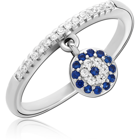 STERLING SILVER 925 RING PAVE BAND WITH BLUE AND CLEAR GEM DISC DANGLE