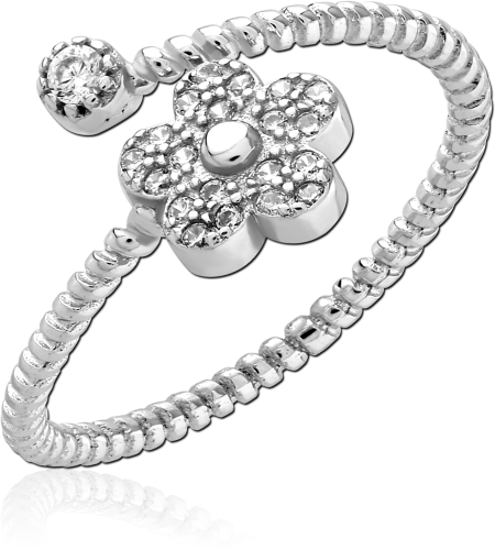 STERLING SILVER 925 RING BEADED BAND OPEN FLOWER WITH SIDE CLEAR GEM