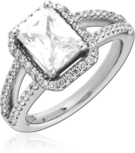 STERLING SILVER 925 RING EMERALD CUT HALO WITH SPLIT SHANK PAVE CLEAR GEMS