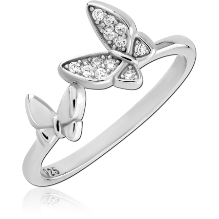 STERLING SILVER 925 RING OPEN DOUBLE BUTTERFLY WITH PAVE CLEAR GEMS