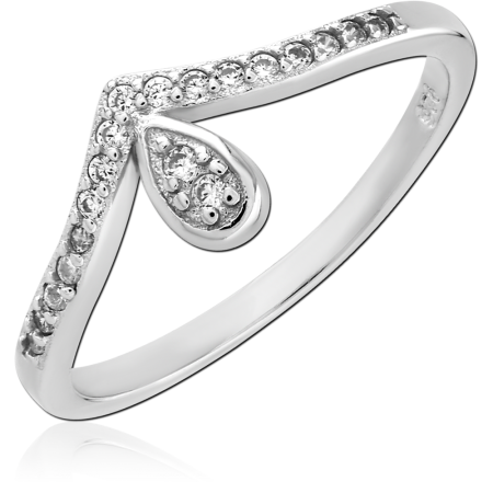 STERLING SILVER 925 RING V SHAPE WITH TEARDROP PAVE CLEAR GEMS