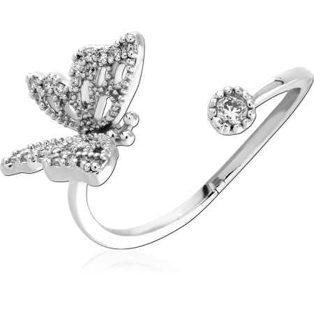 STERLING SILVER 925 RING OPEN BYPASS BUTTERFLY WITH CLEAR GEM